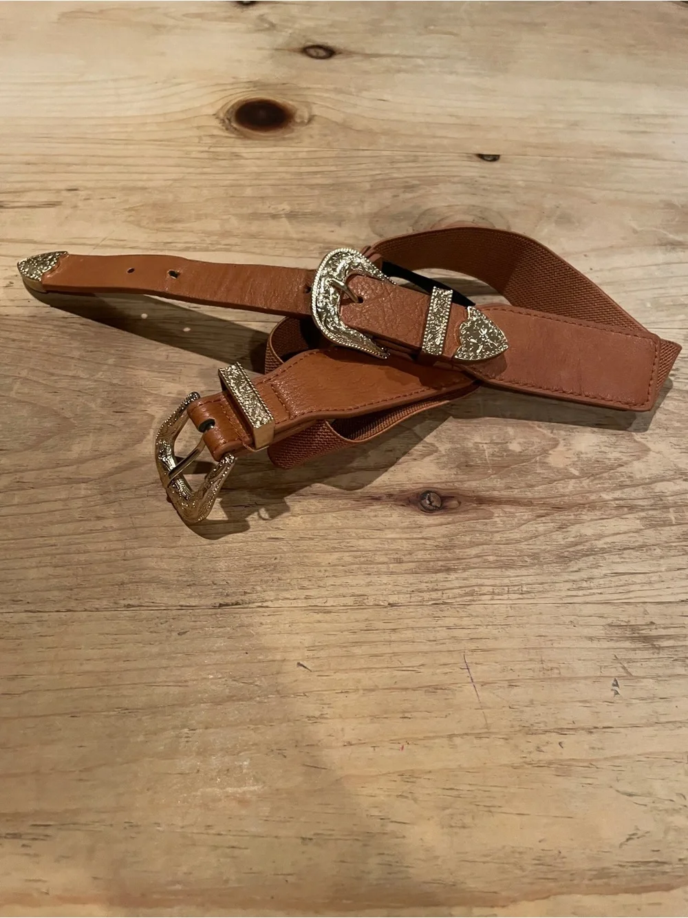 Brown Gold Embossed Double Buckle Belt equestrian Western Rodeo M L